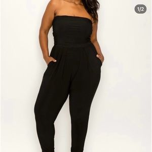 Polyester black strapless jumpsuit